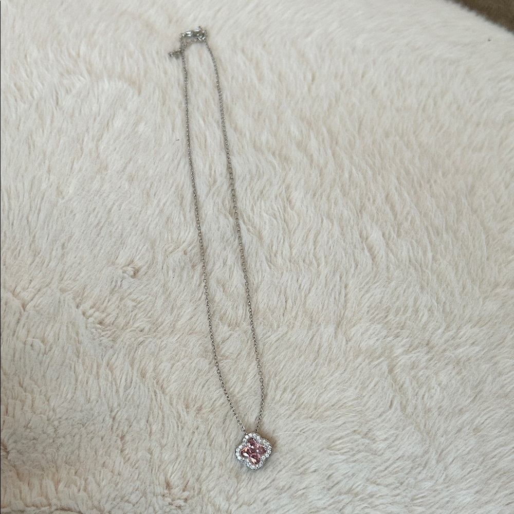 Faux Van Cleef Silver Necklace with Pink Gemstone